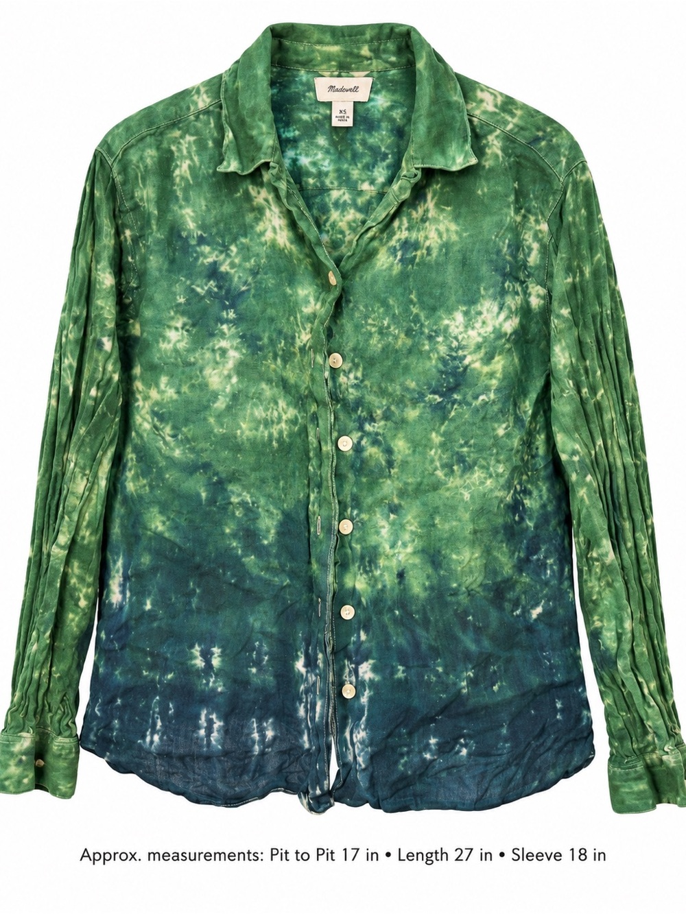 Talbots Irish Linen Green Teal Ombré Tie Dye Button Down Blouse Size 10